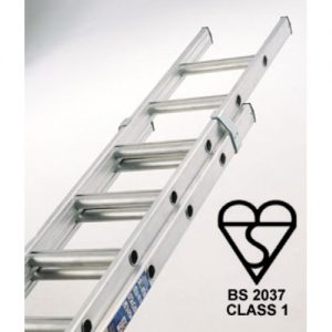 An aluminium ladder against a grey background