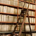  shelves with old books in the library and wooden stepladder