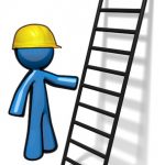 11134465 - 3d blue man beside a ladder giving a course in safety or ready to climb.