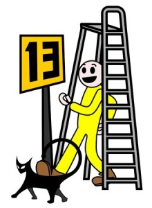 Vector illustration of man walking under ladder with a black cat