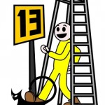 Vector illustration of man walking under ladder with a black cat